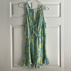 Miley + Molly Blue & Green Tropical Ruffle Elastic Waist Sleeveless Romper Large